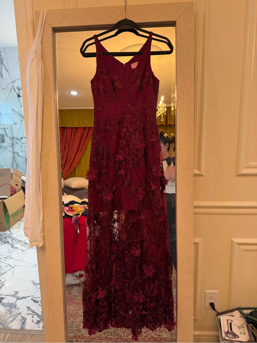 Dress the Population Burgundy Floral Appliqué Maxi Dress